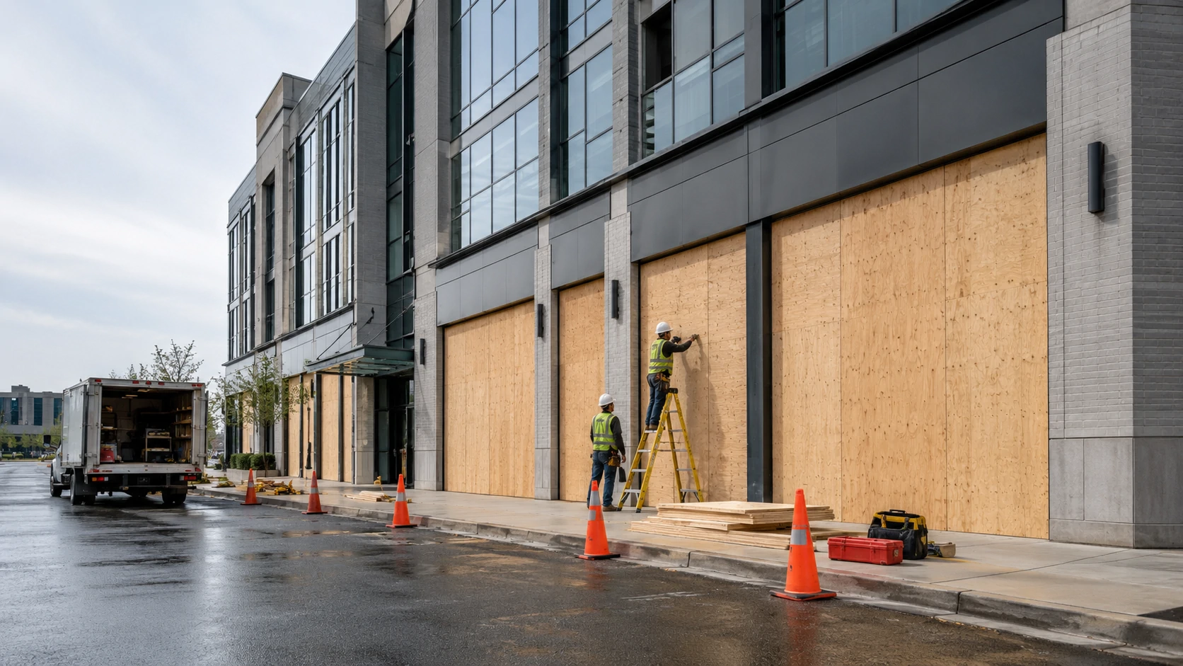 Damaged storefront opening secured after vehicle impact.