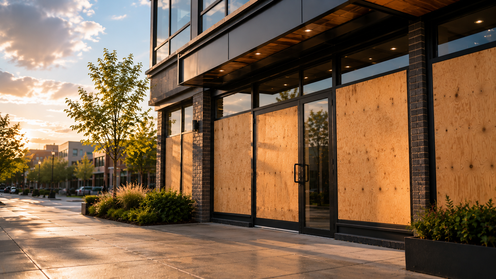 Commercial storefront secured with plywood board-up panels at dusk in the Chicago area.